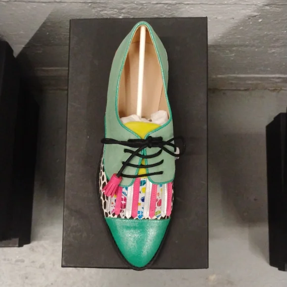 Green Multicolor Handmade Leather Suede Cow Print Oxford Fringe Shoes Size 6-8.5 - Picture 11 of 13